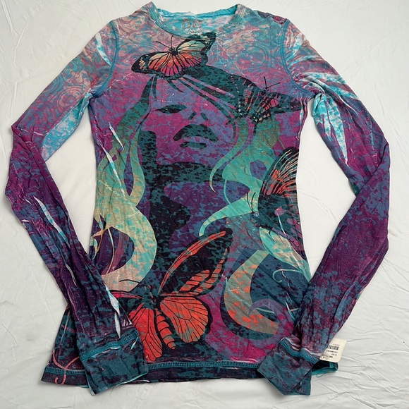 GO Jeans Los Angeles multicolor butterfly print burnout long sleeve t-shirt - Picture 5 of 10